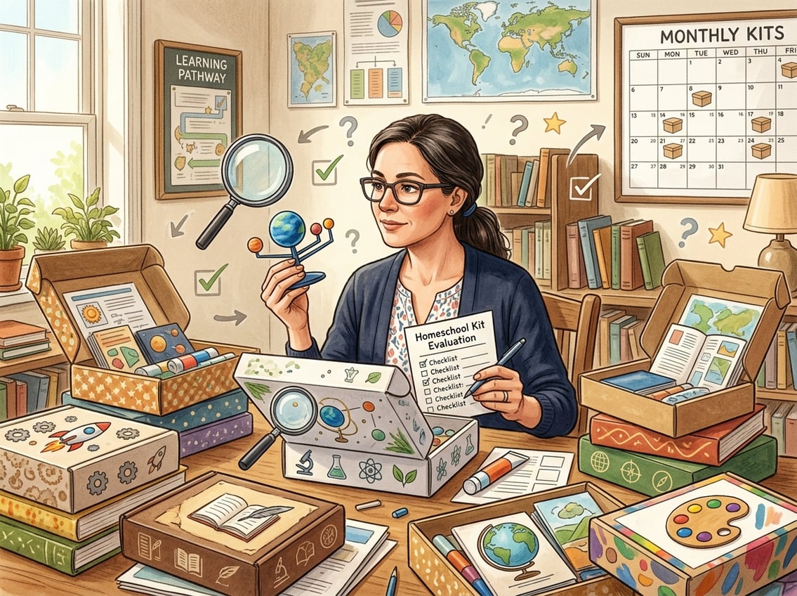 A person carefully examining educational subscription boxes on a table, surrounded by science-themed items and symbols of evaluation.