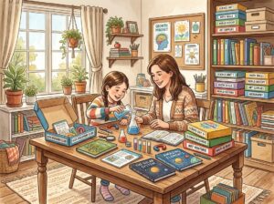 A parent and child working together on a science experiment using educational subscription kits in a bright, organized homeschool study area.