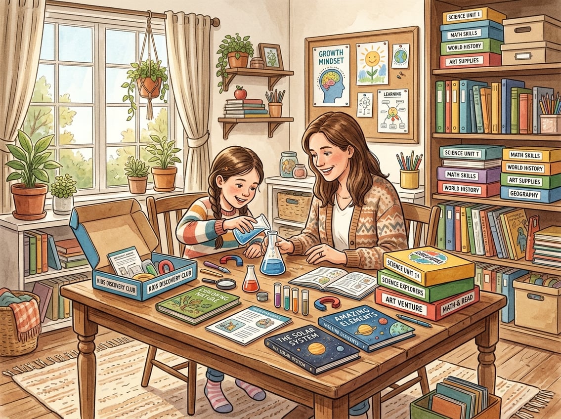 A parent and child working together on a science experiment using educational subscription kits in a bright, organized homeschool study area.