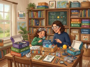 A child and adult working together at a table with science kits and educational materials in a bright homeschooling study area.