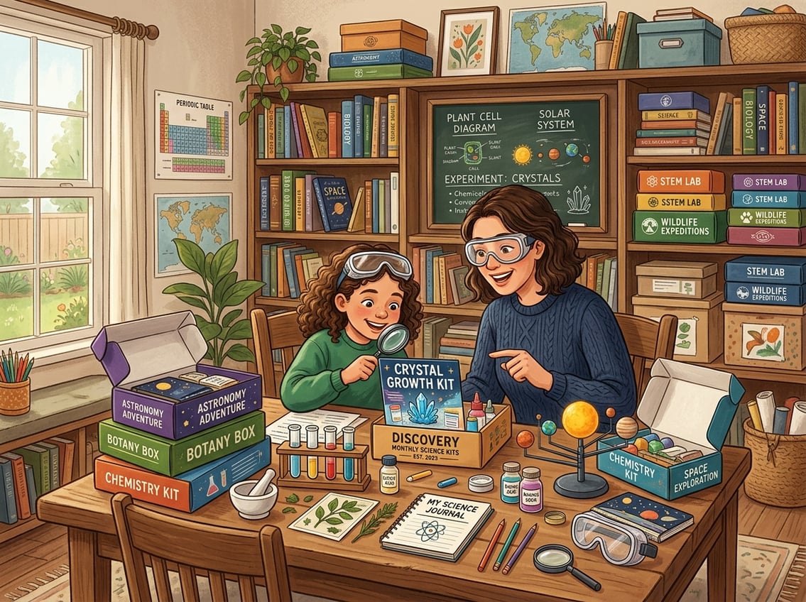 A child and adult working together at a table with science kits and educational materials in a bright homeschooling study area.
