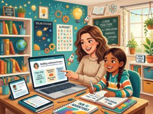 A parent and child working together on a homeschool lesson using a tablet with AI assistance in a bright study area.