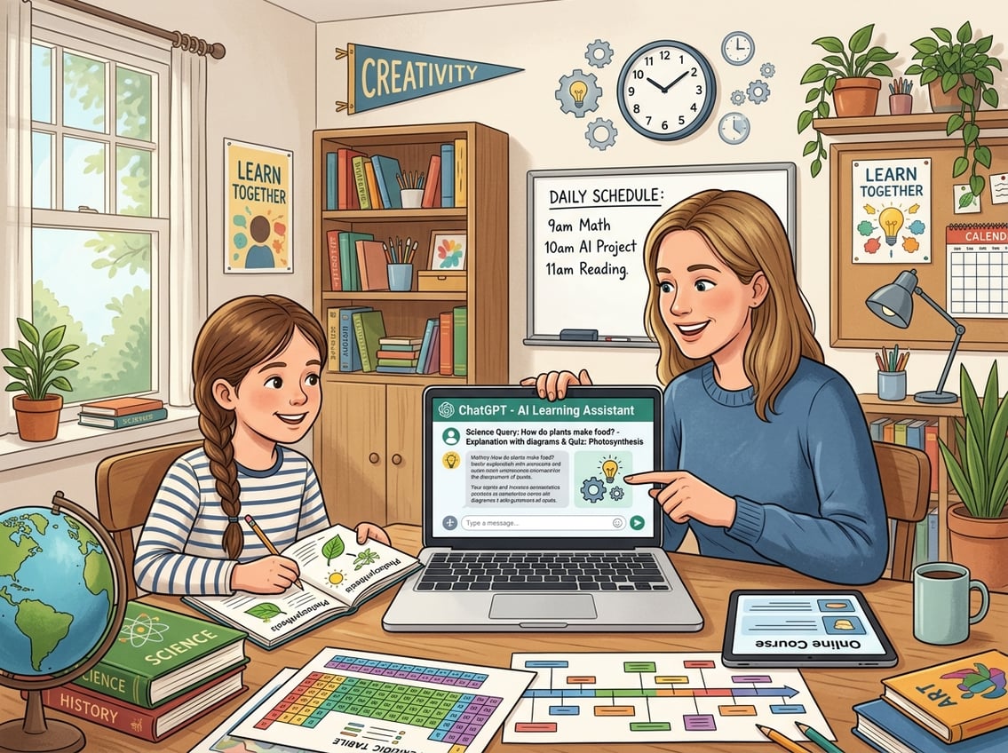 A parent and child learning together at a desk with a laptop showing an AI interface, surrounded by books and educational materials in a bright study room.