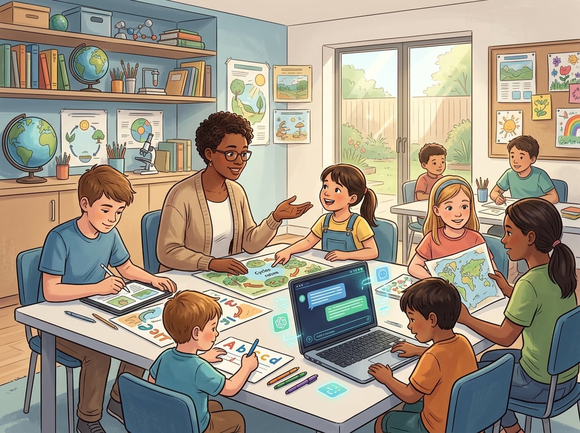 A parent or teacher helping children of different ages with homeschooling using books, tablets, and a laptop showing an AI interface, in a bright and comfortable learning space.