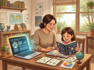A parent and child learning together at a table with a laptop showing an AI assistant, surrounded by books and educational materials in a cozy room.
