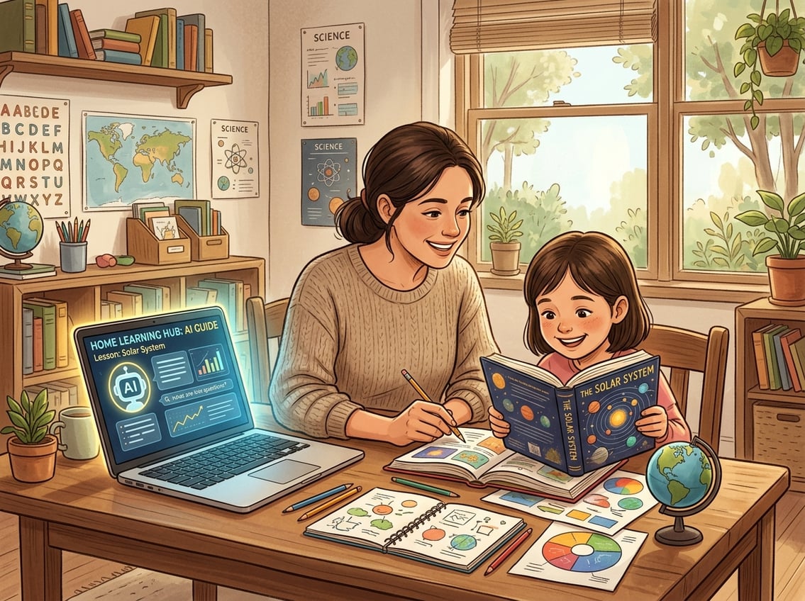 A parent and child learning together at a table with a laptop showing an AI assistant, surrounded by books and educational materials in a cozy room.