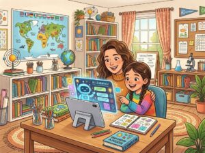 A parent and child using a laptop with AI technology in a homeschool classroom filled with books and educational materials.