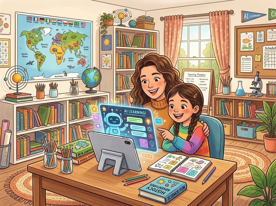A parent and child using a laptop with AI technology in a homeschool classroom filled with books and educational materials.