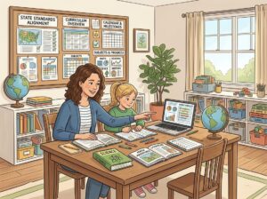 A parent and child working together at a table with books and a laptop in a bright room, with a bulletin board displaying charts and papers in the background.