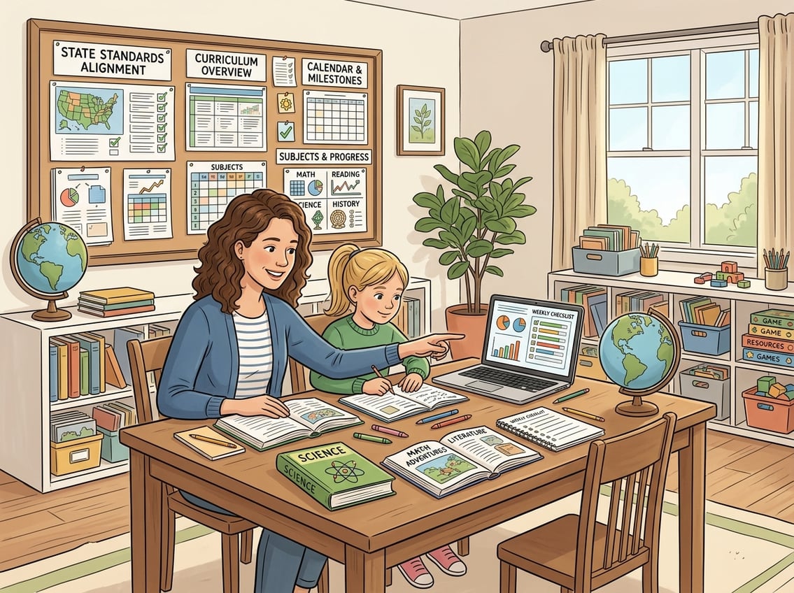 A parent and child working together at a table with books and a laptop in a bright room, with a bulletin board displaying charts and papers in the background.