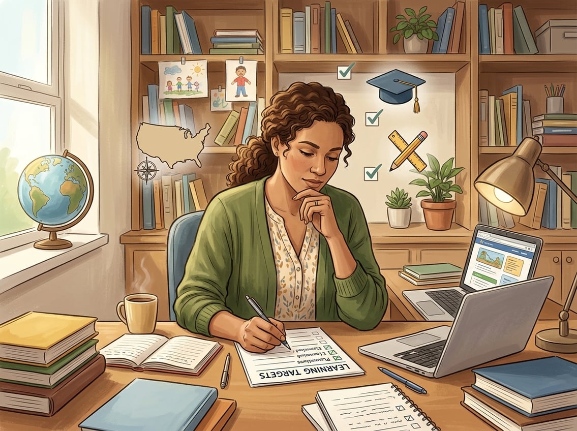 A homeschool parent reviewing a checklist at a desk surrounded by books and a laptop in a cozy, organized learning space.