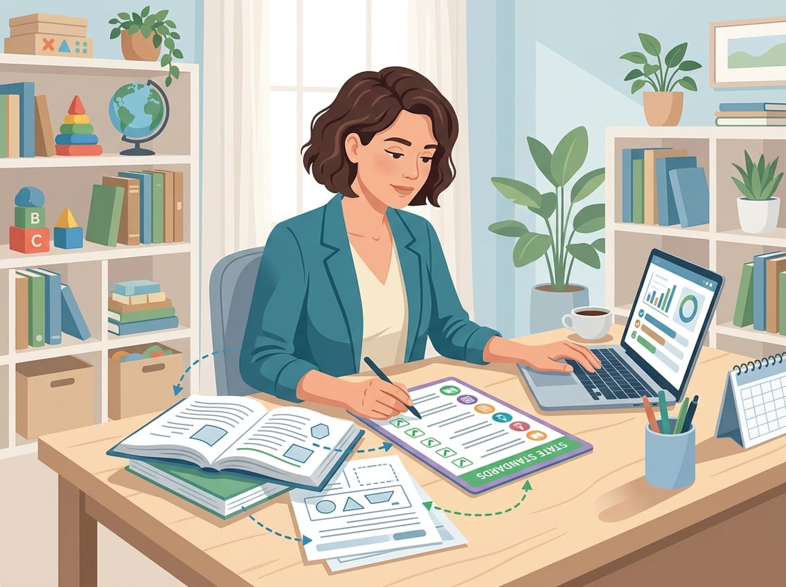 A person at a desk in a home study, reviewing books and a laptop with documents showing checklists and learning goals, symbolizing aligning homeschool materials with state standards.
