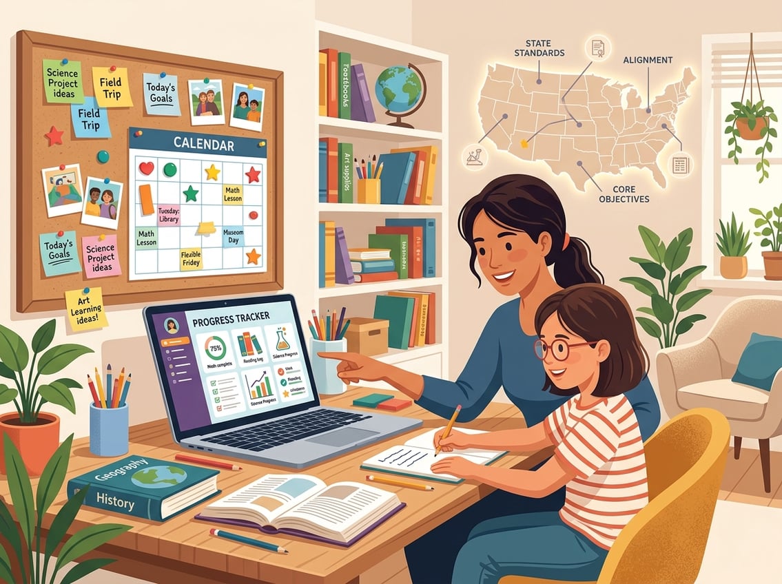 A parent and child working together in a home study area with books, a laptop, and a calendar, representing homeschooling and progress tracking.