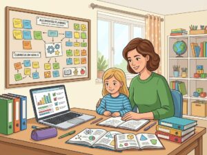 A parent and child working together at a desk with educational materials and a board displaying notes and charts in a bright homeschool room.