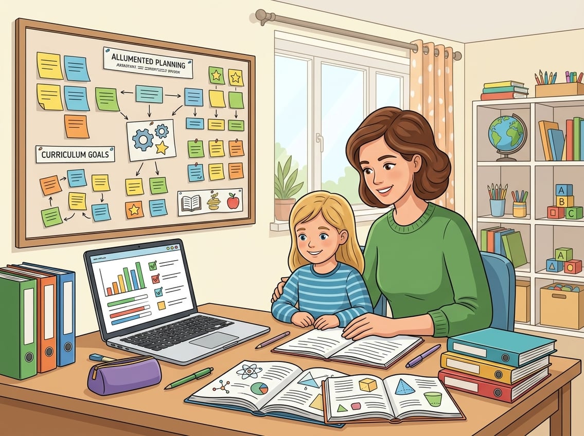 A parent and child working together at a desk with educational materials and a board displaying notes and charts in a bright homeschool room.
