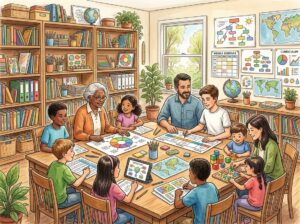 A group of children and adults of different ages working together around a table with educational materials in a bright learning space.
