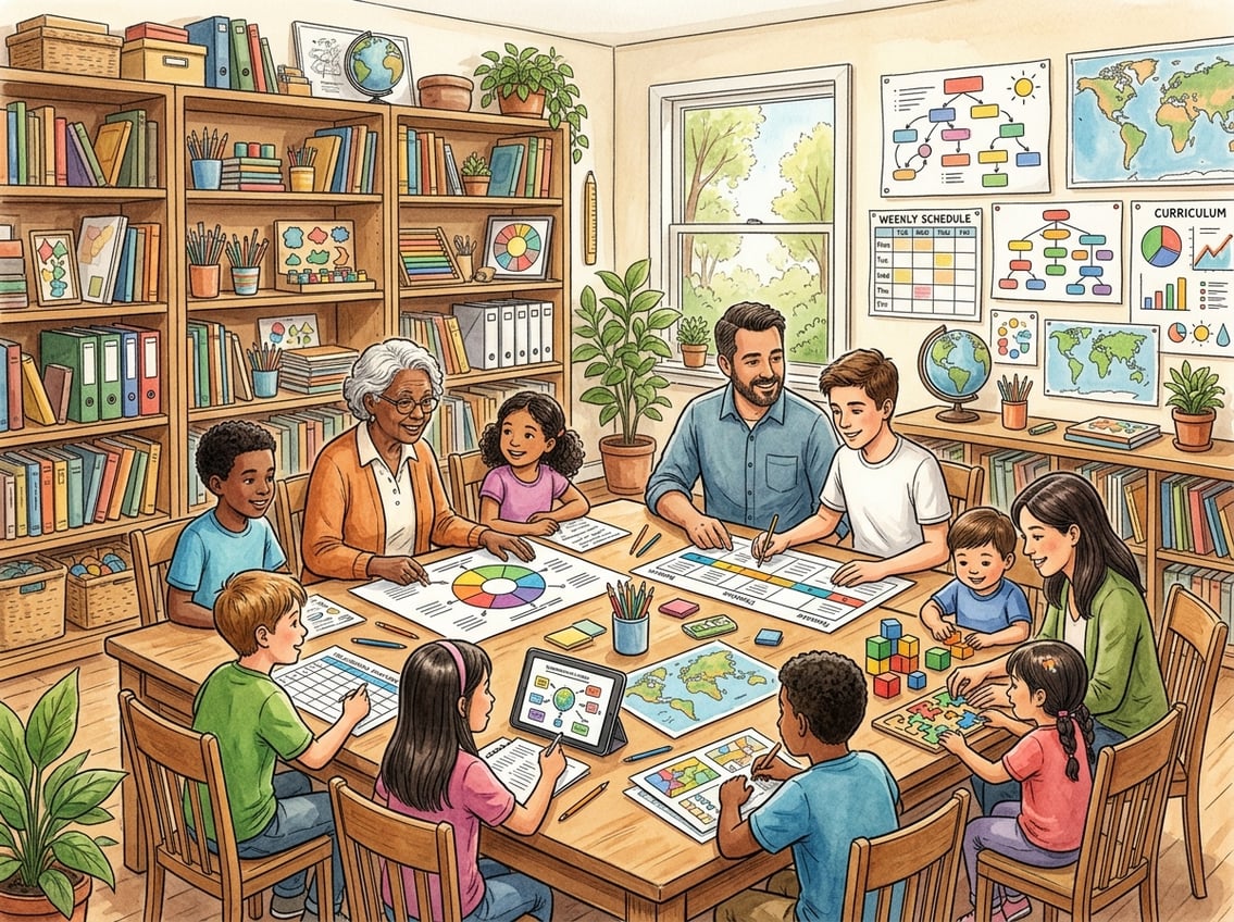 A group of children and adults of different ages working together around a table with educational materials in a bright learning space.