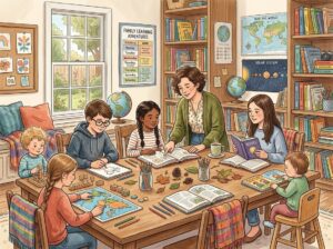 A group of children of different ages learning together around a table with an adult guiding them in a cozy room filled with books and educational materials.