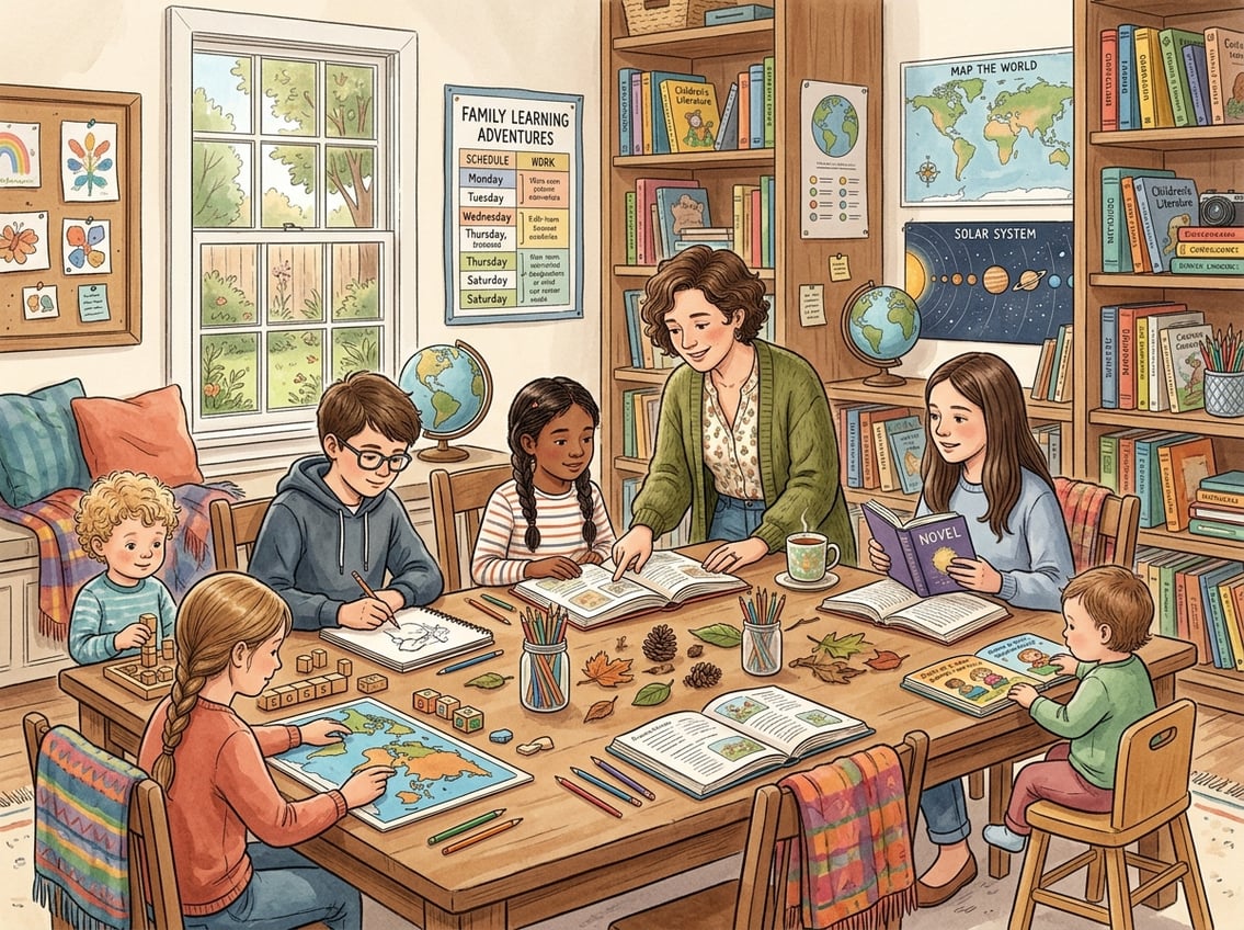 A group of children of different ages learning together around a table with an adult guiding them in a cozy room filled with books and educational materials.