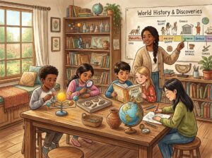 A group of children of different ages and an adult learning together around a table with books, scientific models, and history materials in a bright, cozy room.