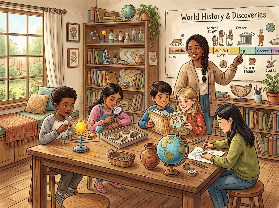 A group of children of different ages and an adult learning together around a table with books, scientific models, and history materials in a bright, cozy room.