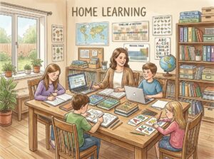 A parent teaching multiple children of different ages together around a table filled with books and learning materials in a cozy room.