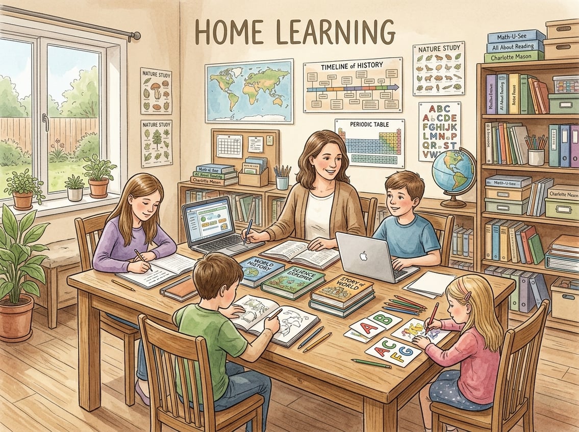 A parent teaching multiple children of different ages together around a table filled with books and learning materials in a cozy room.