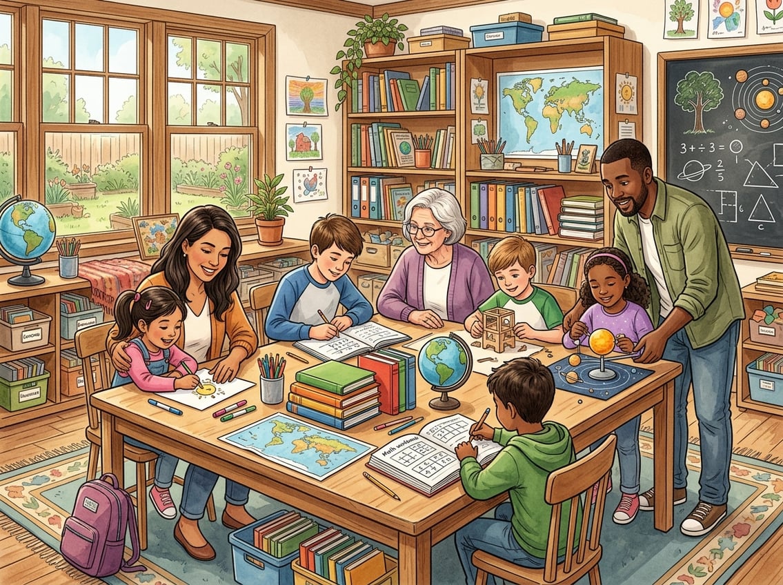 A group of children and adults of different ages learning together around a large table filled with books and supplies in a bright classroom.