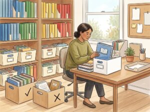 A person organizing binders, bookshelves, and storage boxes in a tidy workspace dedicated to managing physical curriculum materials.