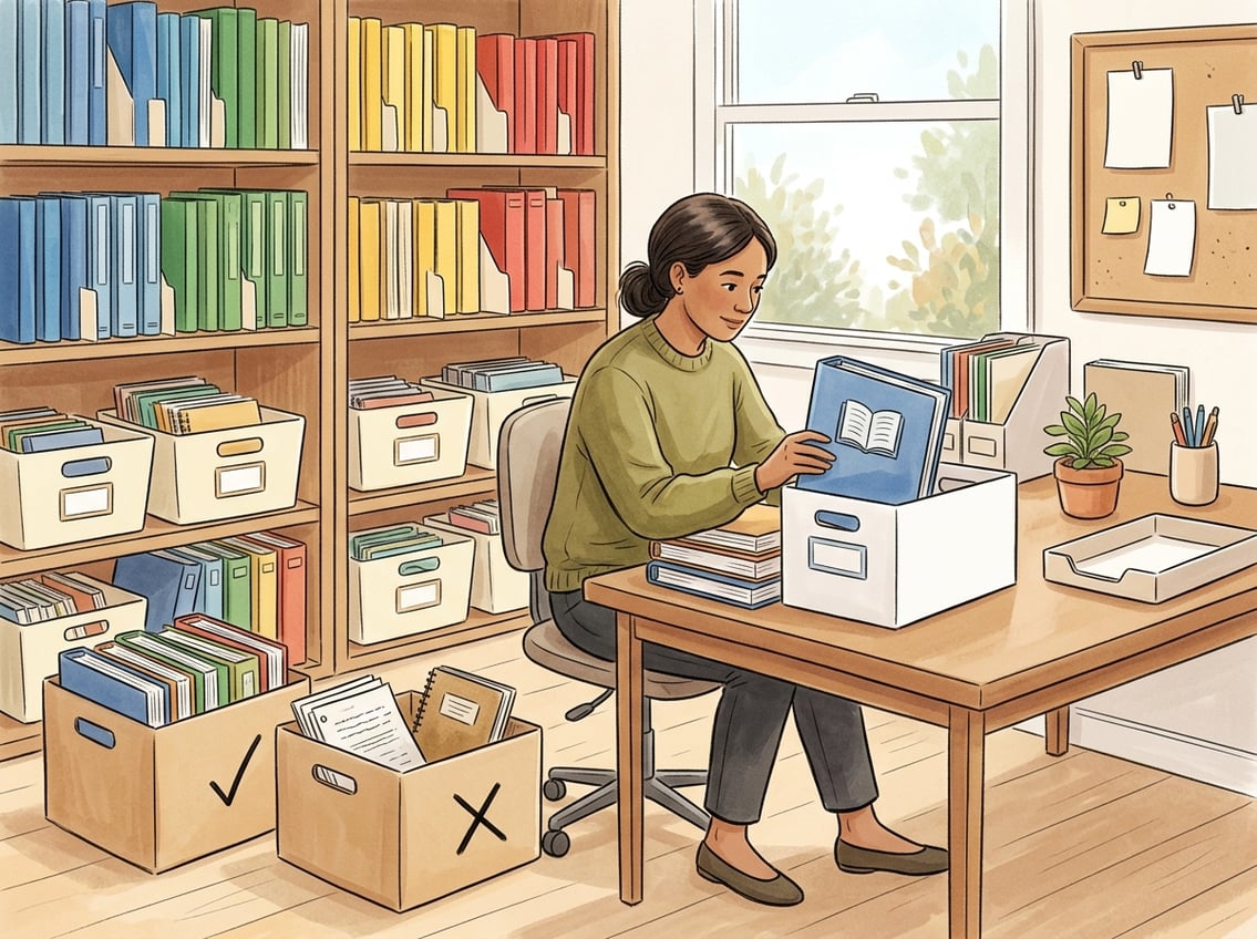 A person organizing binders, bookshelves, and storage boxes in a tidy workspace dedicated to managing physical curriculum materials.