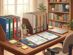 An organized workspace with binders, bookshelves, and stationery arranged neatly for curriculum planning.