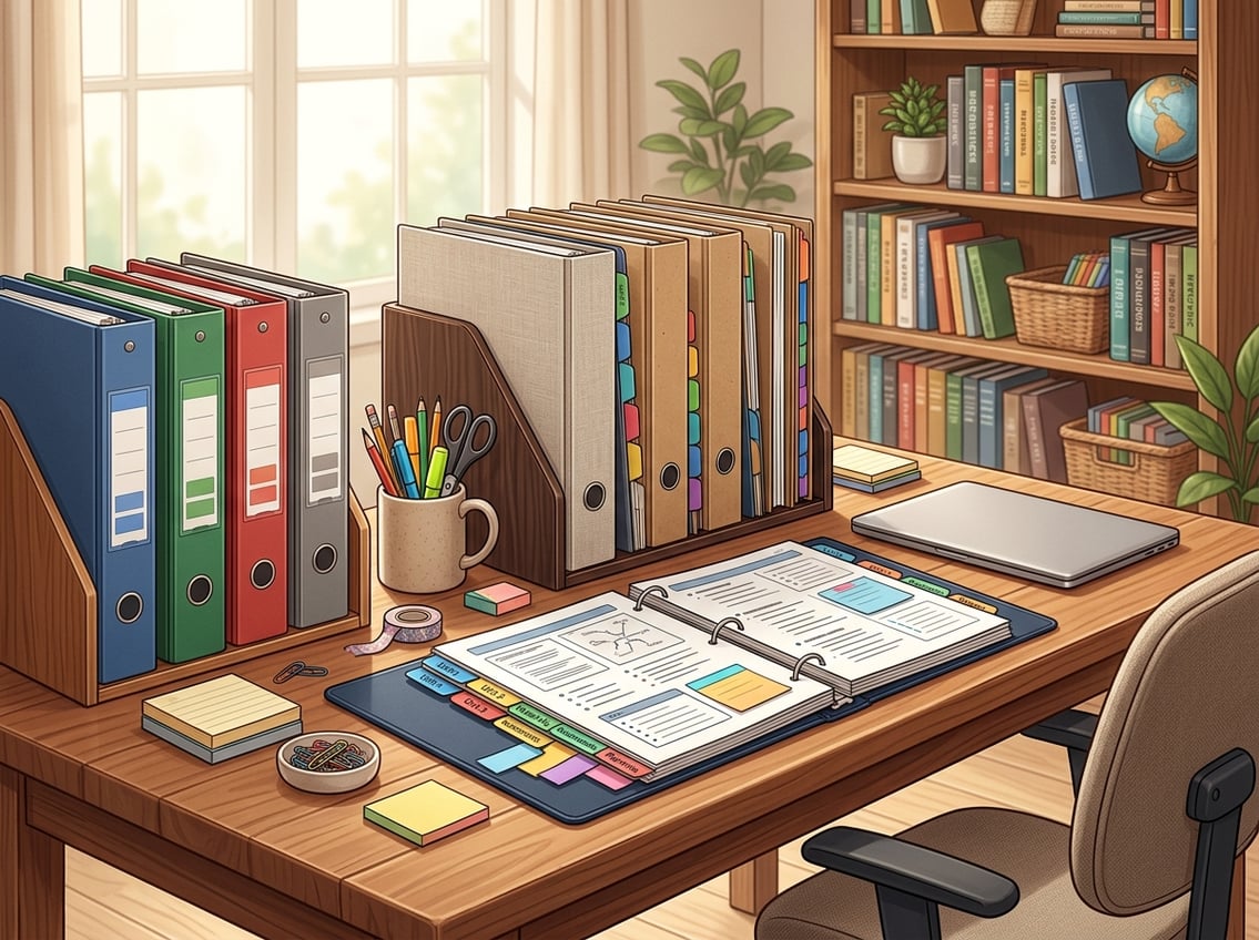 An organized workspace with binders, bookshelves, and stationery arranged neatly for curriculum planning.