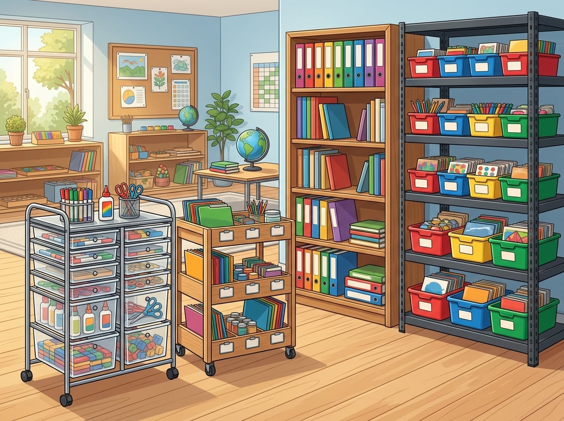 An organized storage area with wooden bookshelves, colorful plastic bins, and mobile carts holding binders, books, and classroom supplies.