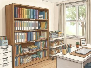 An organized workspace with binders, bookshelves, storage boxes, and a tidy desk with stationery and a laptop.