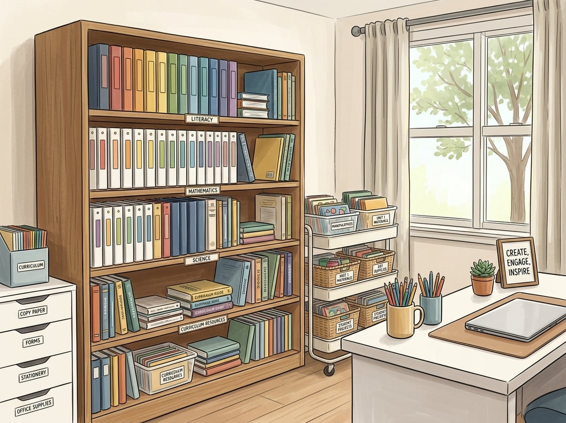 An organized workspace with binders, bookshelves, storage boxes, and a tidy desk with stationery and a laptop.