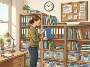 A person organizing binders and books on shelves in a tidy study room with storage boxes and educational materials.
