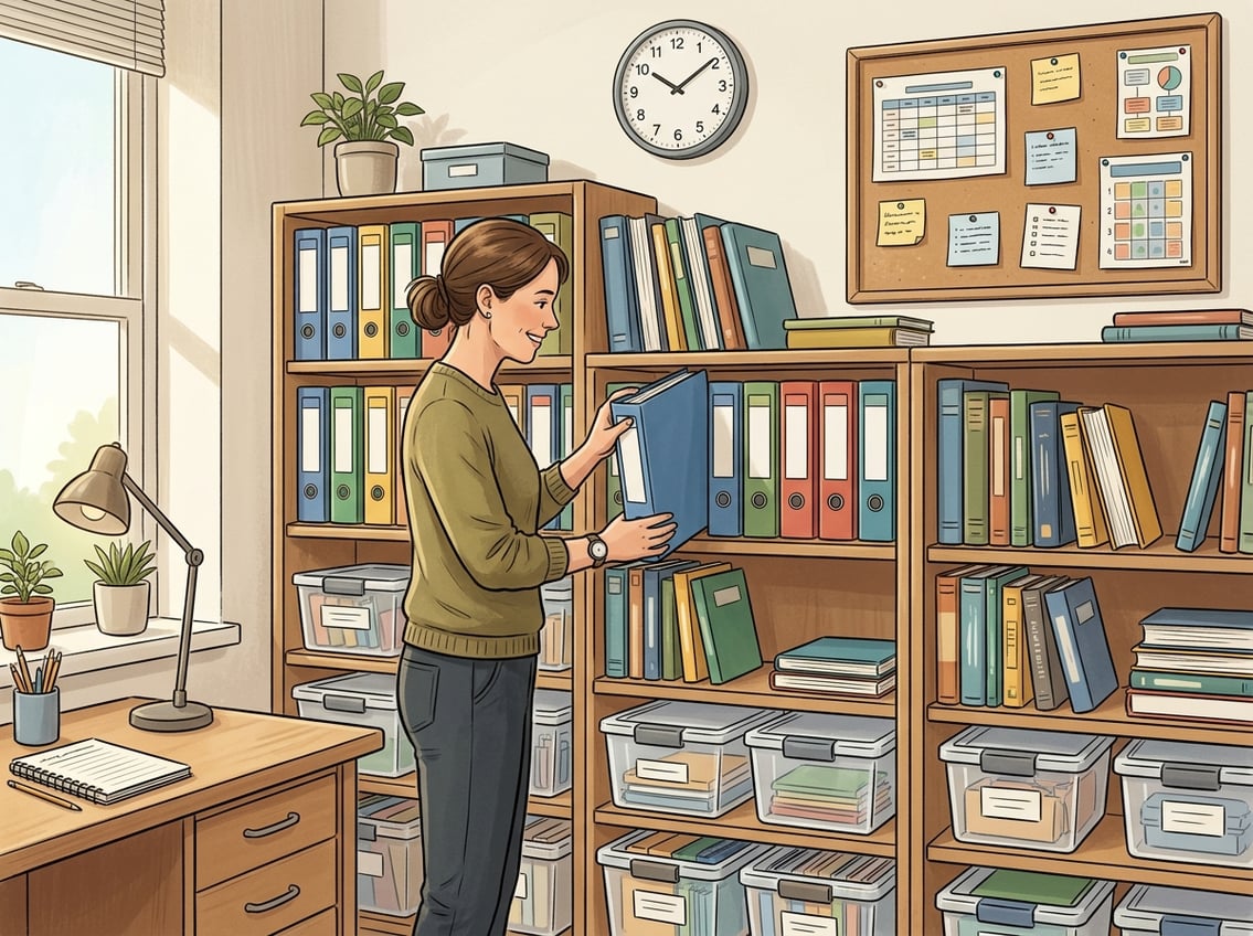A person organizing binders and books on shelves in a tidy study room with storage boxes and educational materials.