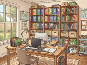 A tidy study area with bookshelves holding binders and books, labeled storage boxes, and a clean desk with educational materials.