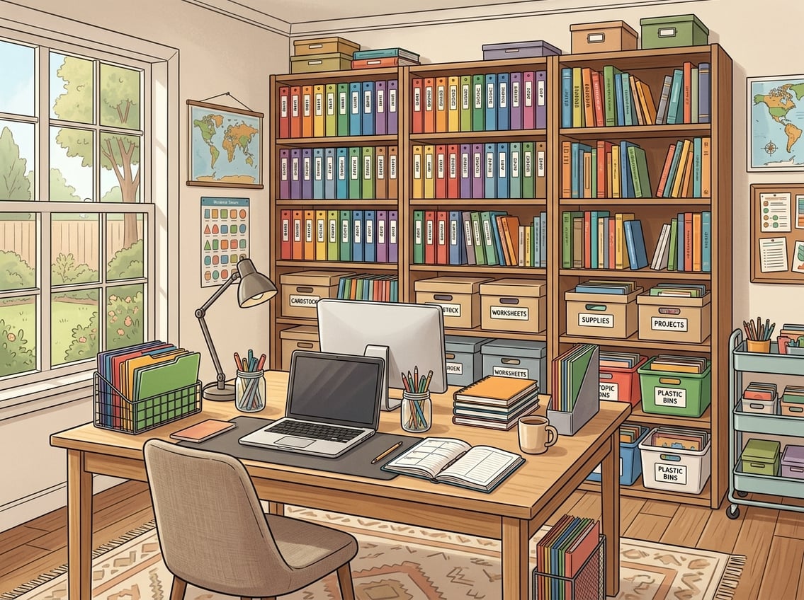 A tidy study area with bookshelves holding binders and books, labeled storage boxes, and a clean desk with educational materials.