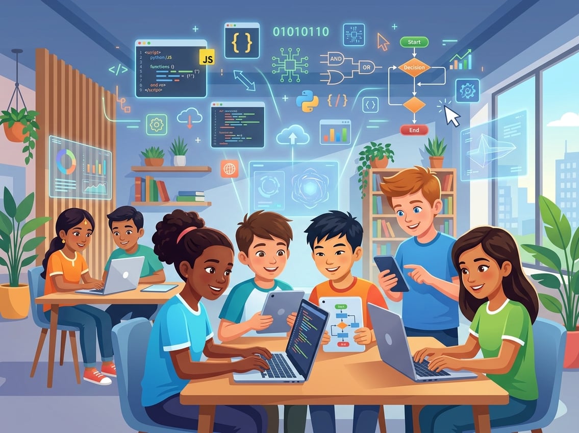 A group of young people using digital devices surrounded by symbols of coding and computer science in a modern learning environment.