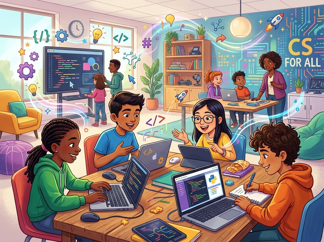 A group of young people working together on laptops and tablets, learning coding and computer science in a bright, modern classroom filled with symbols of technology and creativity.