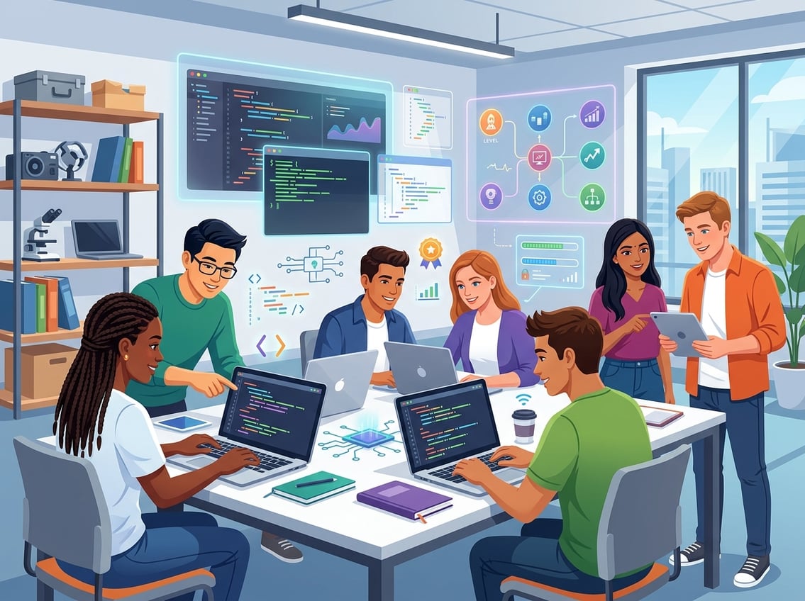 A group of young people coding together on laptops and tablets in a bright classroom with digital symbols representing coding and technology around them.