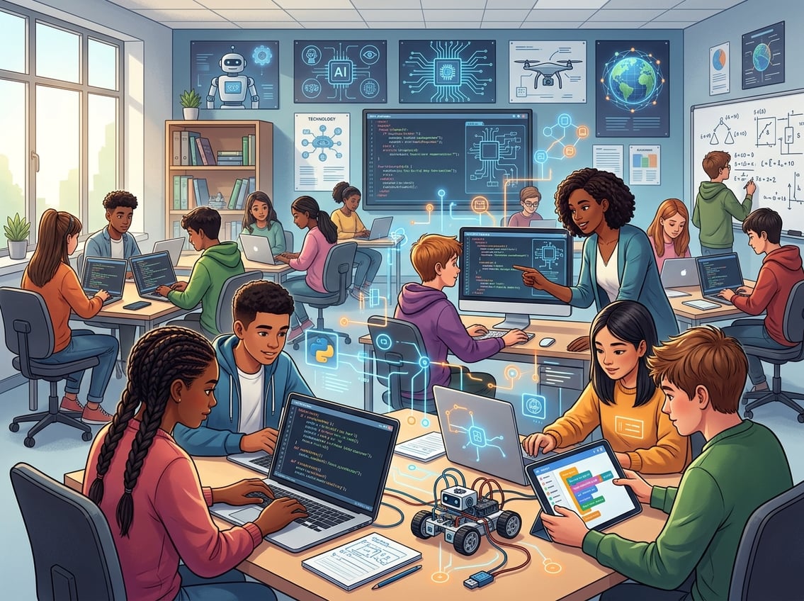 A group of teenagers and a teacher working together on laptops in a classroom focused on coding and computer science.