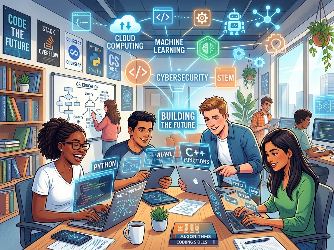 A group of young adults working together with laptops and tablets in a bright room filled with coding symbols and technology elements.