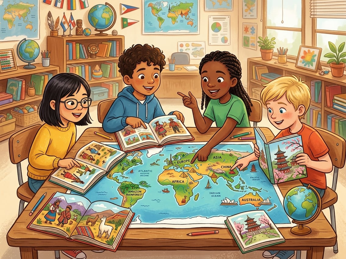 Students gathered around a large world map and storybooks, exploring different world cultures together in a classroom.