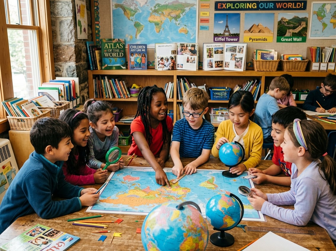 Children working together around a table with maps, globes, and books, learning about world geography through hands-on activities.