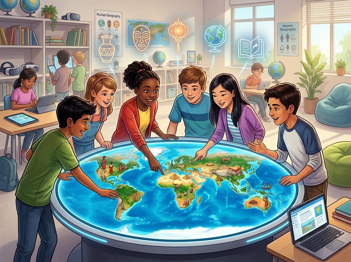 Students of diverse backgrounds gather around a digital world map in a modern classroom, exploring and interacting with cultural landmarks and geography using digital tools.