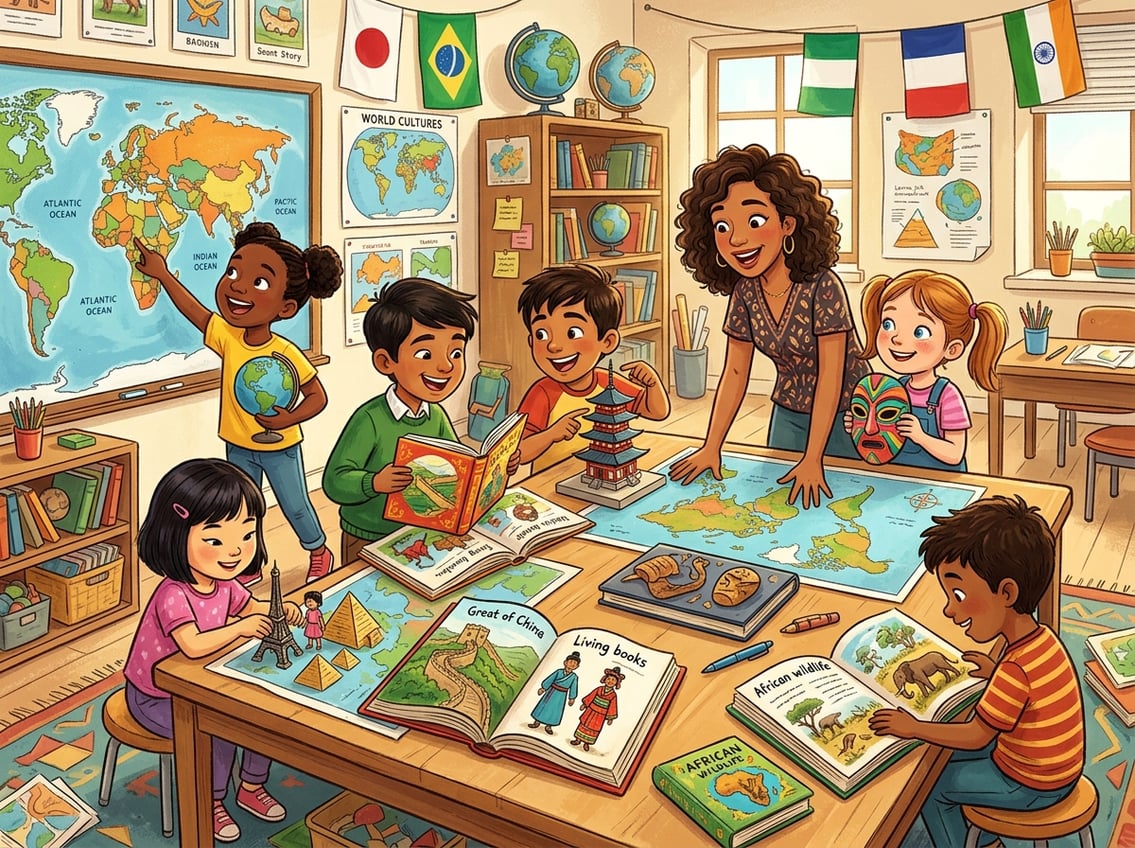 Children and a teacher exploring world cultures using maps, books, and cultural artifacts in a bright classroom.