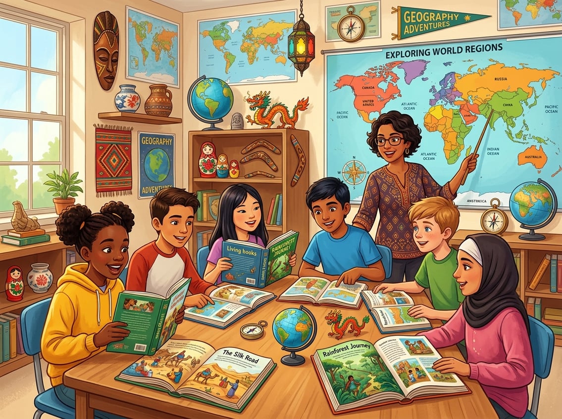 A teacher and students in a classroom exploring world cultures using maps and illustrated books, surrounded by cultural artifacts.