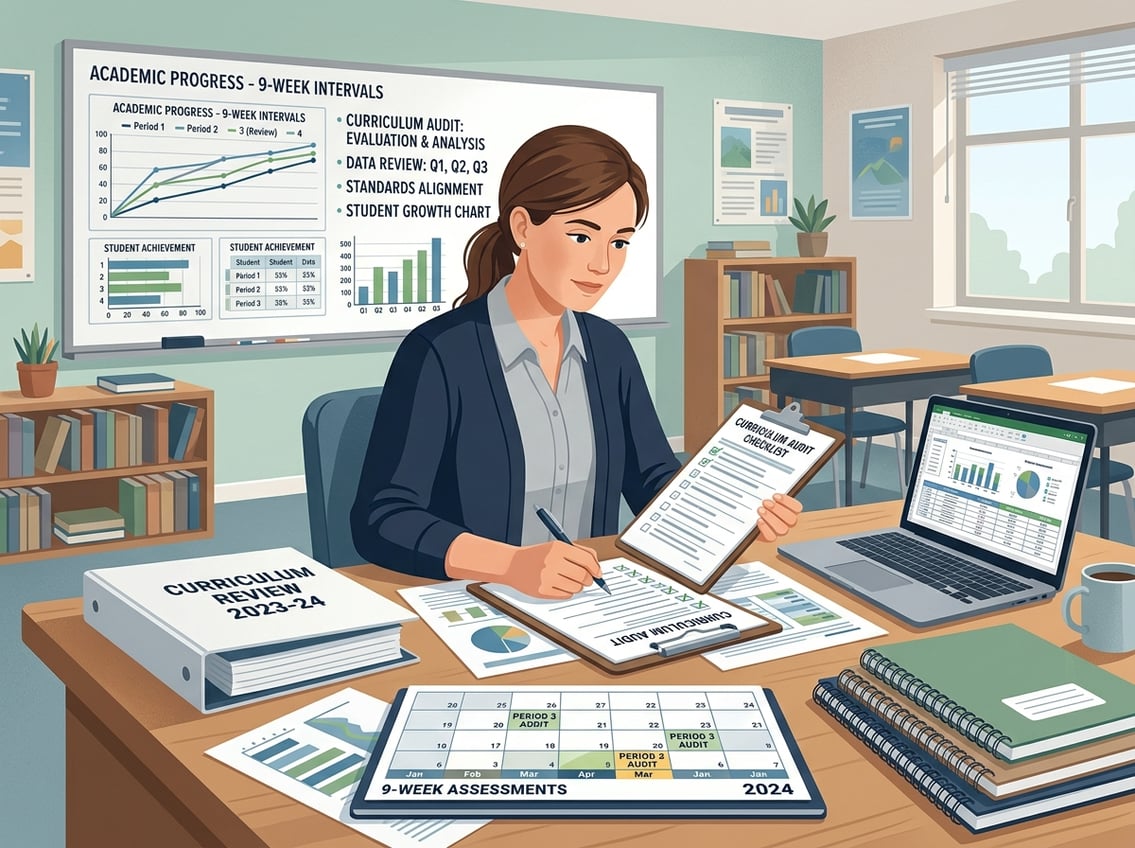 An educator reviewing documents and checking a checklist at a desk with educational materials and a calendar marked every 9 weeks.